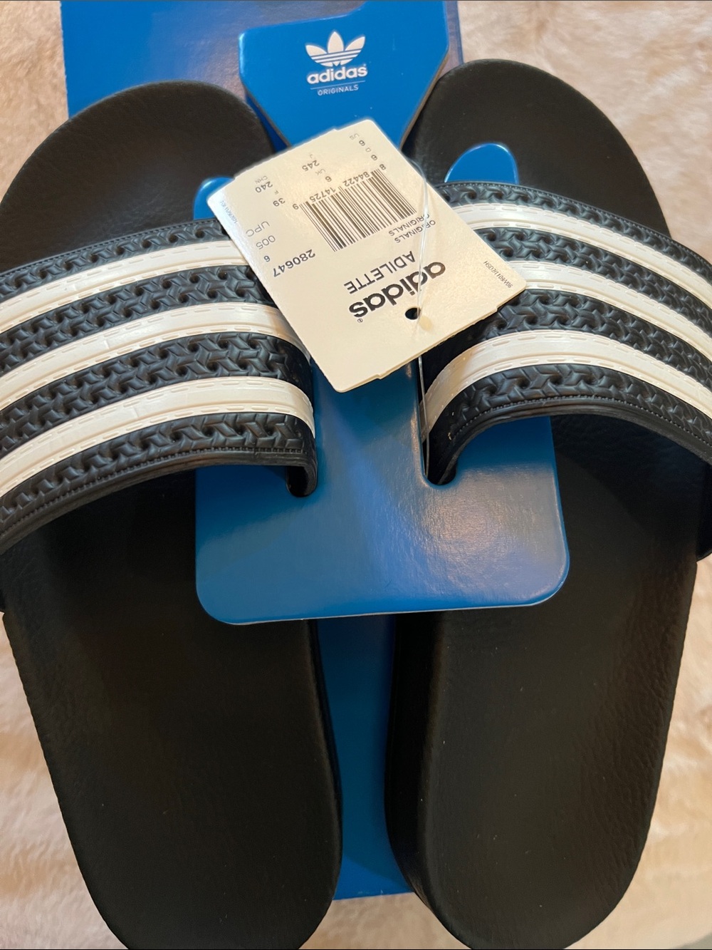 adidas Black Slides with White Triple Stripes
